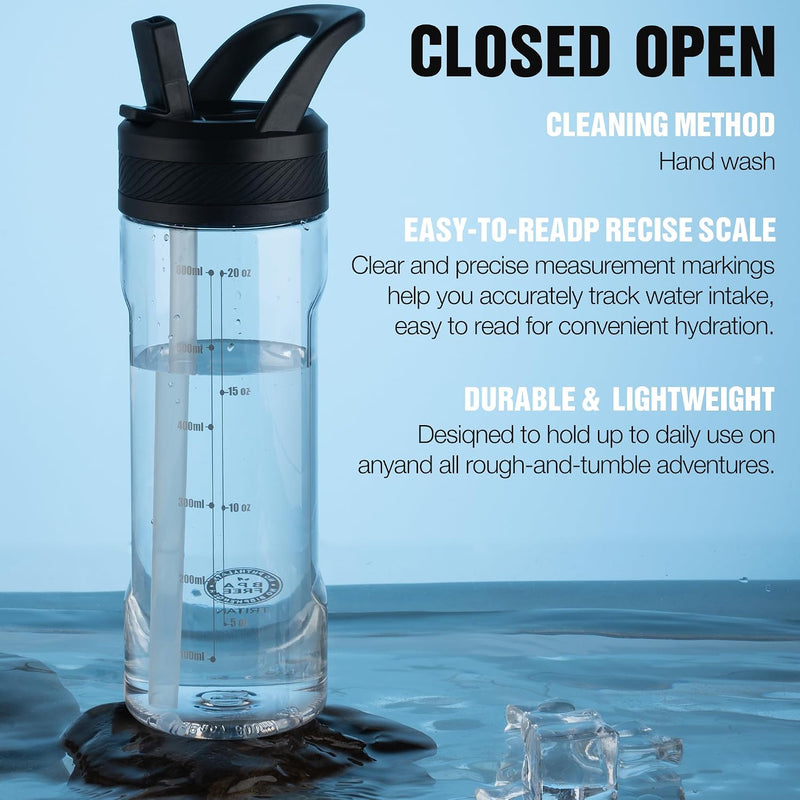 OLDLEY 20oz Kids Water Bottle with Straw, BPA-Free Tritan Water Bottle for School, Leakproof Clear Water Bottle with One Click Open, Measurement Scale, Cup Holder Friendly for Boys Girls,Clear