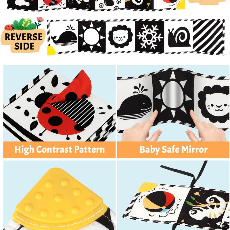 Tummy Time Toys, High Contrast Baby Book with Mirror & Teether for Newborn | Black and White Baby Toys for infant 0-6-12 Months, Visual Stimulation Soft Sensory Books, Baby Boy Girl Shower Gift