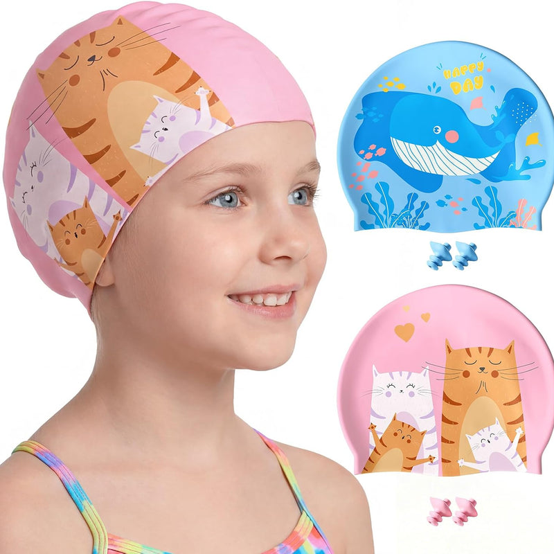 Aegend Kids Swim Cap 2 Pack, Silicone Waterproof Swim Cap for Kids Age 3-15 | Comfortable Swimming Cap for Girls Boys Toddlers Youth, Fits Long & Short Hair, Durable Cap for Swim Lessons Pool