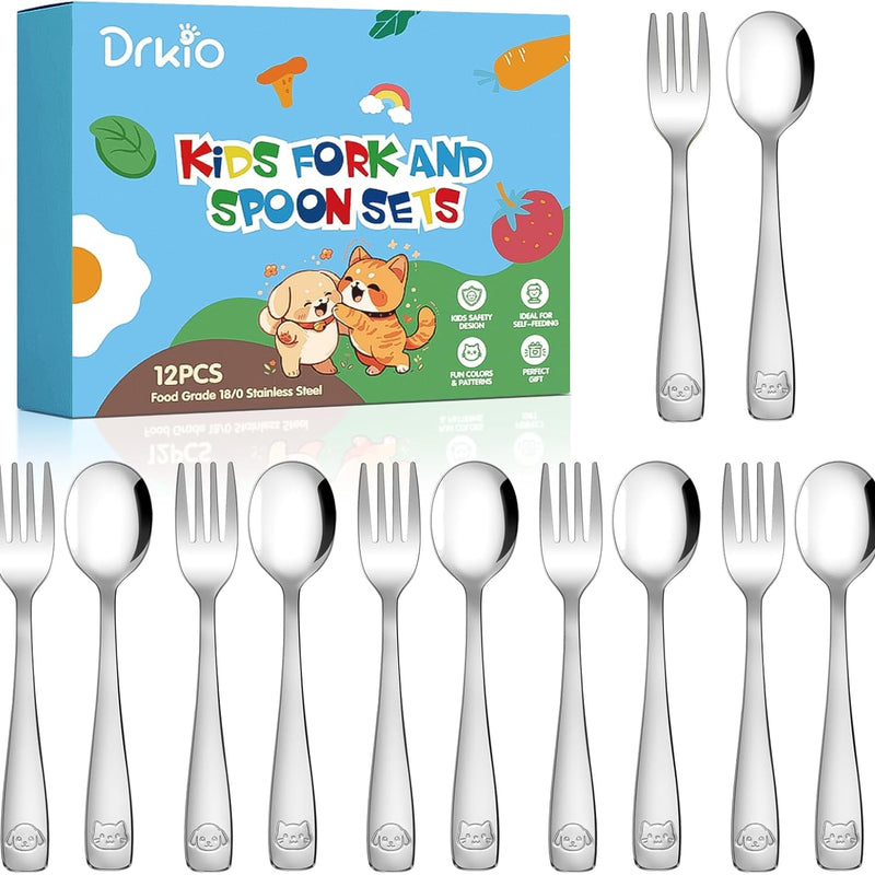 12Pcs Stainless Steel Toddler Utensils Small Metal Kids Silverware | Food-grade, Ideal Transitional Baby Forks and Spoons, Cute pattern, Designed for Children, Dishwasher Safe, Mirror Polished