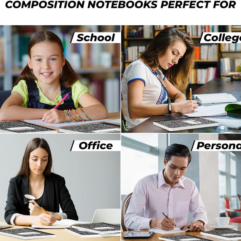 Rosmonde College Ruled Composition Notebooks 5 Pack, 200 Pages (100 Sheets), 9-3/4" x 7-1/2", White & Black Marble Composition Book, Hard Cover, Sturdy Sewn Binding, School, College & Office Supplies