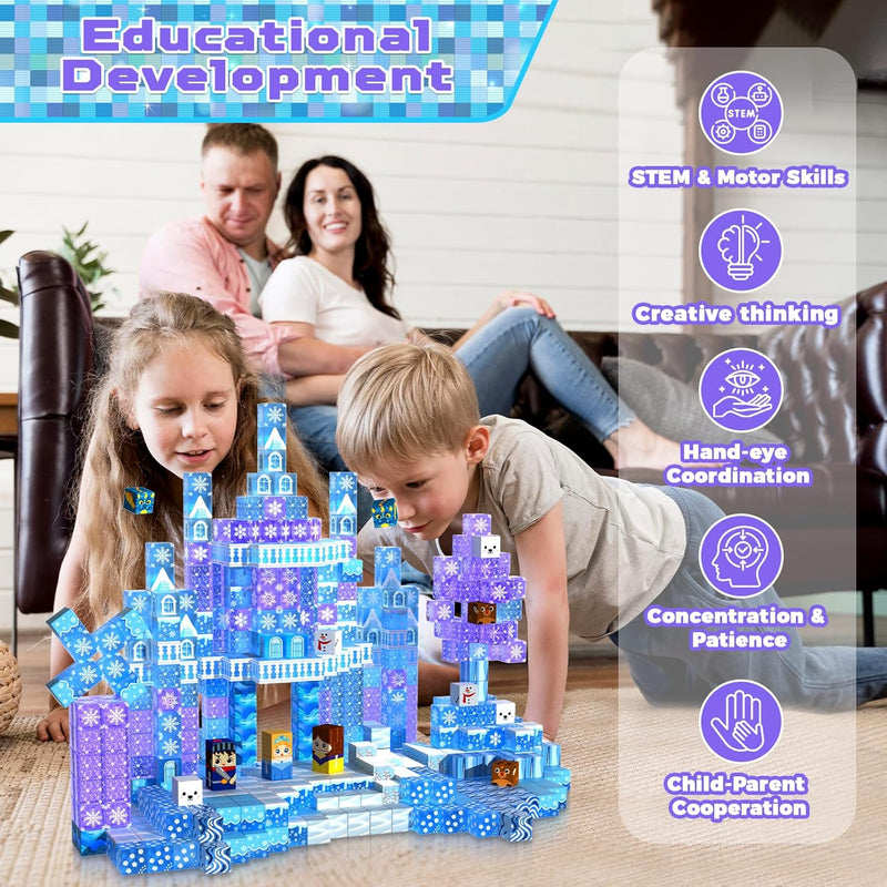 Magnetic Blocks - 100Pcs 0.8in Magnetic Building Block for Kids Ages 4-8, Transparent Magnet Block Blue Princess Castle, Frozen Magnetic Cubes Tiles Princess Toy for Girl 3 4 5 6 7 8-12 Birthday Gift