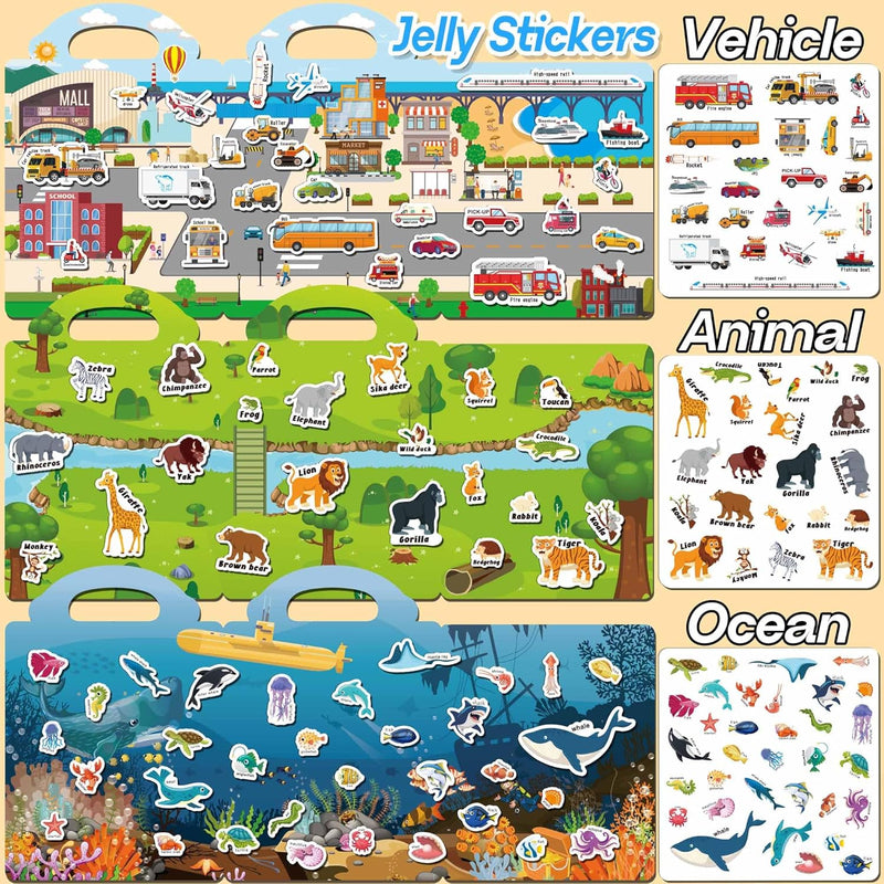 iGetooy 6 Sets Reusable Sticker Book for Toddlers 1-3, Jelly Sticker Books for Toddlers 2-4 Years, Toddler Travel Toys for Kids 2 3 4 Year Old Girls Boys