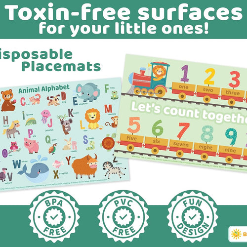 Bright Seed Disposable Placemats for Baby & Toddlers, Learning Mat- Animal1 | 40 Disposable Placemats, ABC, Numbers & Animal Learning, Perfect for Restaurants & Travel, Helps Keep Tables Clean