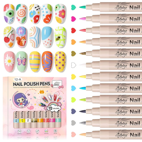 12 Colors Nail Art Pens Set, 3D Nail Polish Pens, Quick-Drying Acrylic Paint Markers, 0.7mm Dotting Painting Liner Brush for DIY Nail Design, Home & Salon Manicure Tools