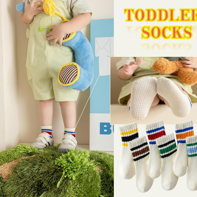 Toddler Grip Socks with Non-Slip Unisex Baby Stripe Crew Cotton Socks | Retro Seamless Ankle Socks for Girls Boys 6 Pairs