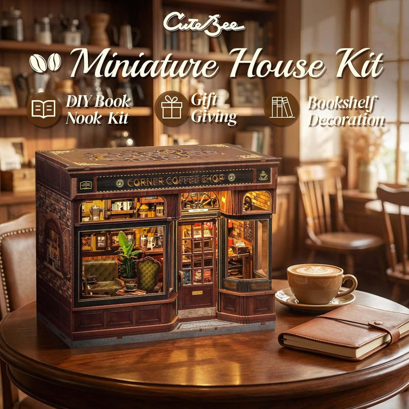CUTEBEE Book Nook Kit - DIY Miniature House Coffee Shop Dollhouse Kit for Adults, Booknook Tiny House Bookshelf Decor 3D Wooden Puzzle, Gifts for Family, Friends (Corner Coffee Shop)
