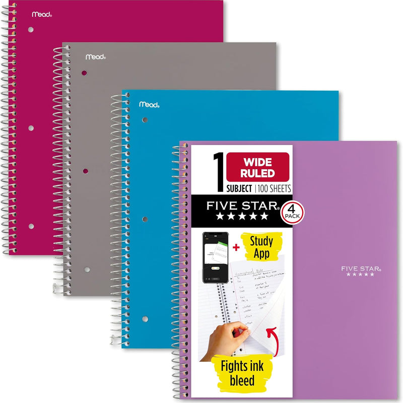 Five Star Spiral Notebook + Study App, 100 Sheets, 1 Subject, College Ruled Paper, Fights Ink Bleed, Water Resistant Cover, 820337-ECM, Purple, Pink, White & Green, 8-1/2" x 11", 4 Pack