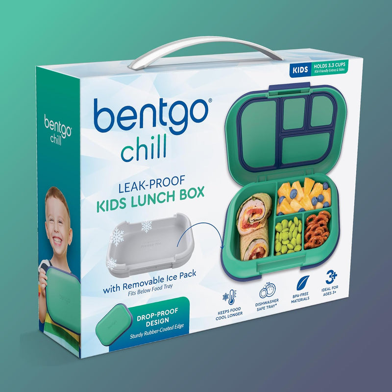 Bentgo Chill Kids Leakproof Lunch Box - 4-Compartment Bento Box with Built-In Ice Pack, 3.3 Cup Capacity, BPA-Free, Microwave & Dishwasher Safe Tray, Ages 3–7 (Green/Navy)