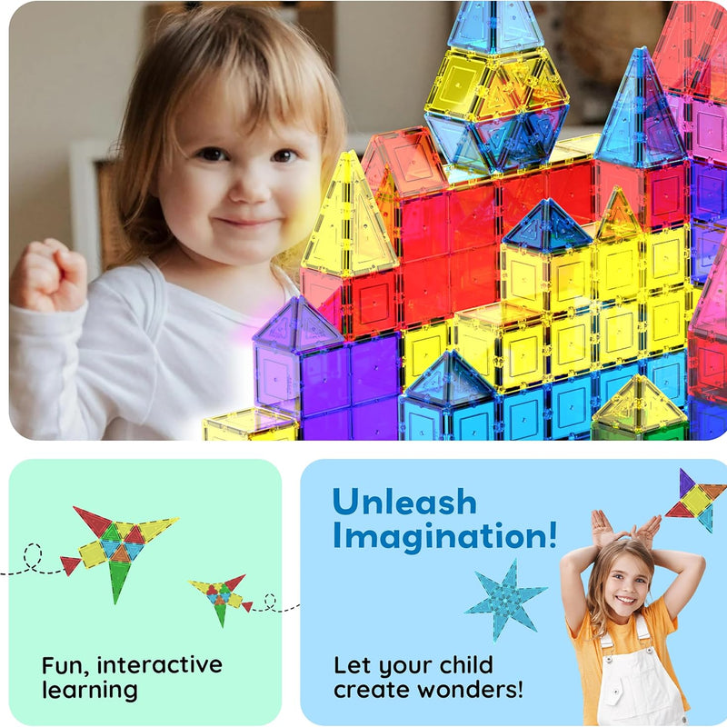 PicassoTiles 100 Piece Set Clear Magnetic 3D Blocks for Kids Creativity Building Playboards Educational