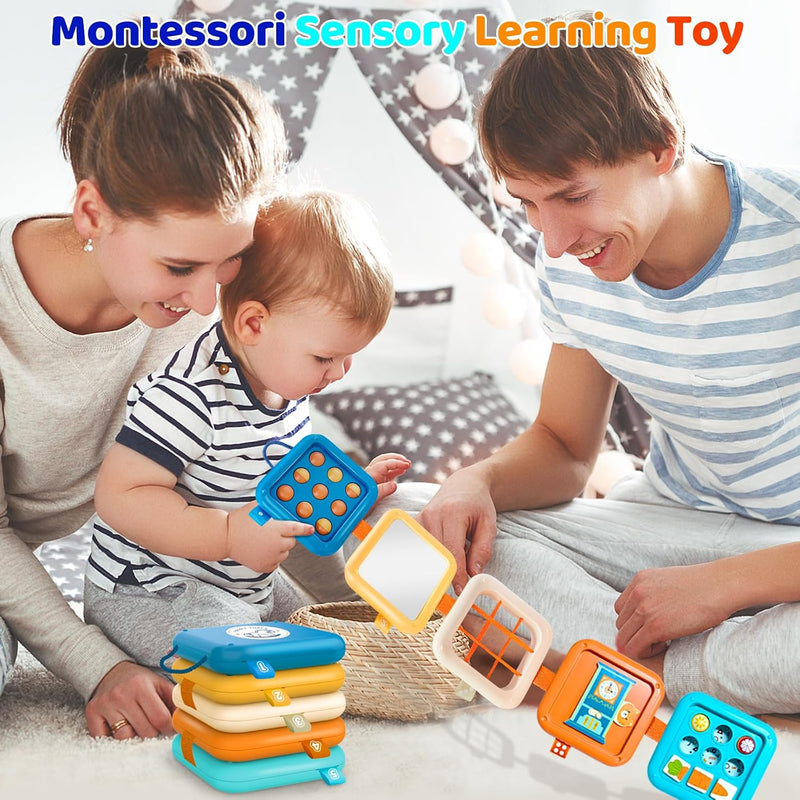 Portable Travel Toys for Baby 6-18M: 5 Foldable Cubes 7 Activity Panels | Busy Board for Car Seat & Airplane Trips - Builds Sensory Fine Motor Skills - Gifts for Baby Birthday Christmas