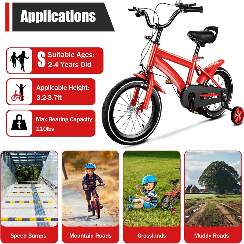 14 Inch Kids Bike for Boys and Girls with Training Wheels, Adjustable Height, Multiple Colors