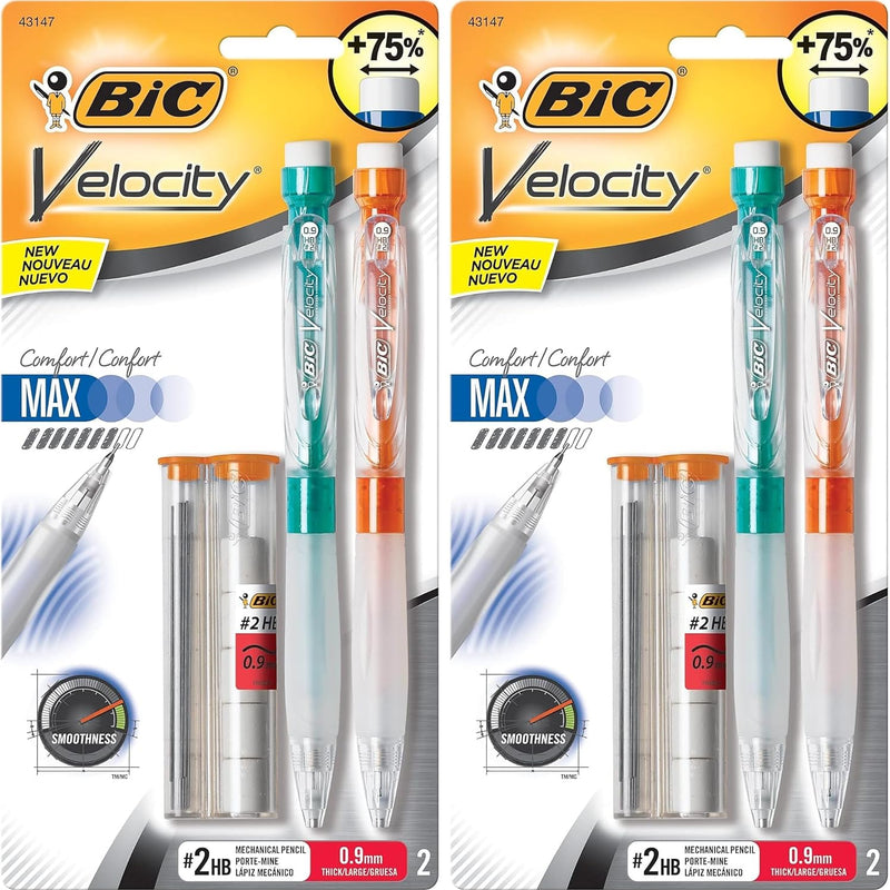 BIC Velocity Max Mechanical Pencils, With Colorful Barrel, Medium Point (0.7mm), 2-Count Pack Mechanical Pencils With Erasers and Lead Refills