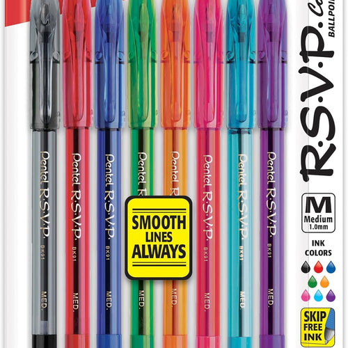 Pentel RSVP Ballpoint Pen, (1.0mm), Medium Line, Assorted Ink, Pack of 8 (BK91CRBP8M)