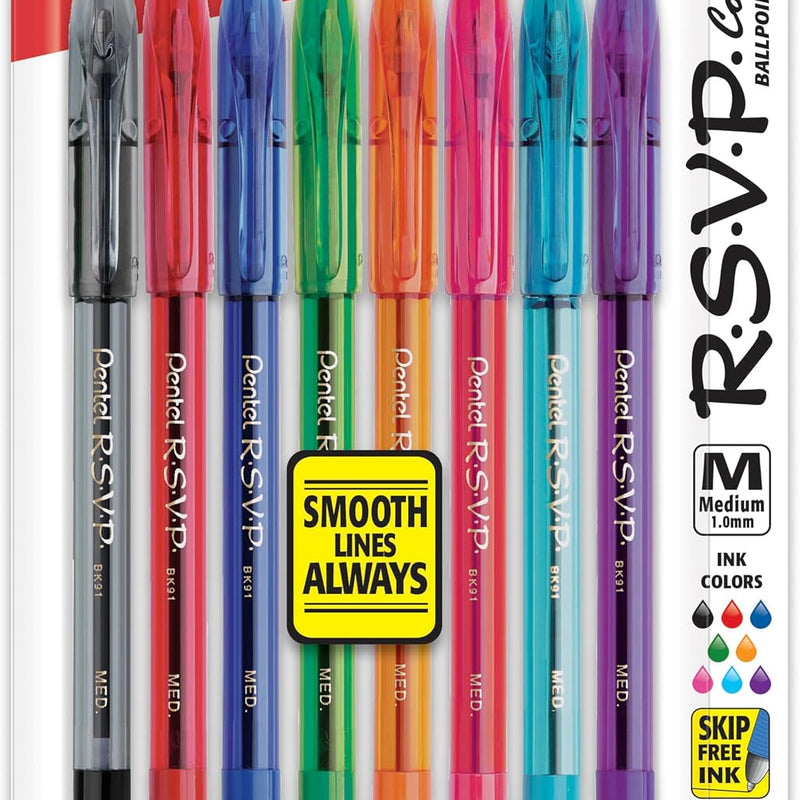 Pentel RSVP Ballpoint Pen, (1.0mm), Medium Line, Assorted Ink, Pack of 8 (BK91CRBP8M)