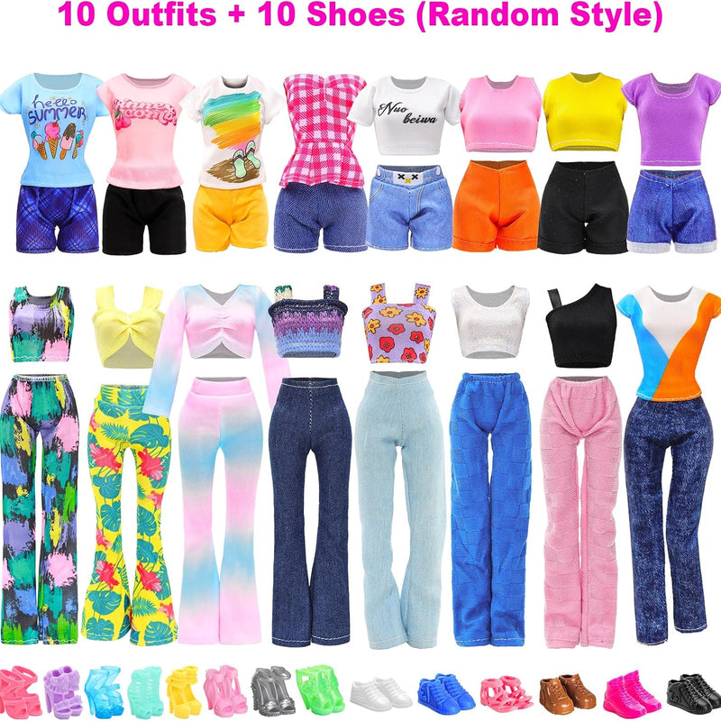 BARWA 30 PCS Doll Clothes and Accessories Casual Sport Sweet Outfits Pajamas Top and Pants Shorts High Heel Flat Shoes for 11.5 Inch Girl Doll