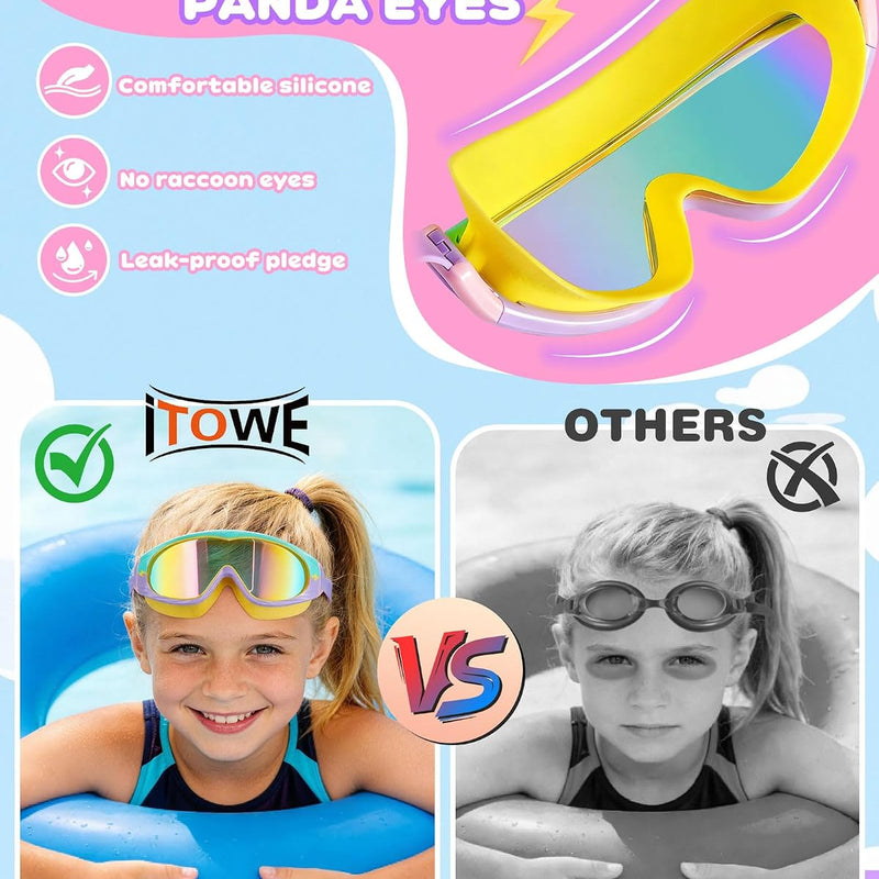 2 Pack Wide View Swimming Goggles, No Leaking Kids Swim Goggles with Anti-Fog/UV HD View Kids Goggles Boys Girls 5-15