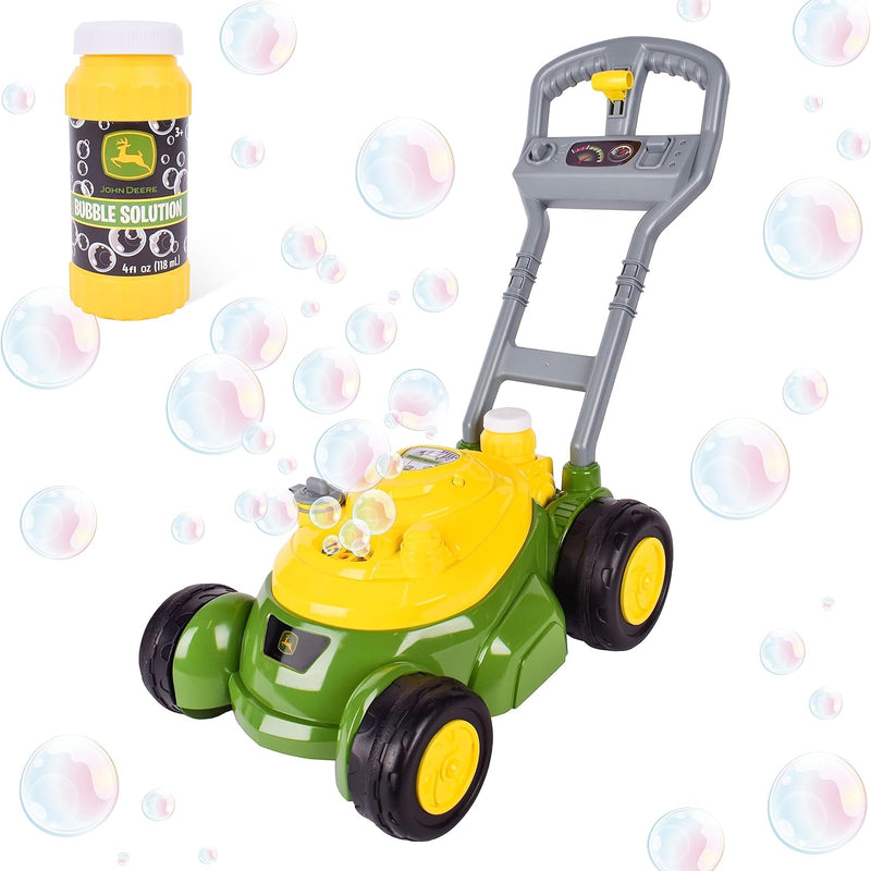 John Deere bubble lawn mower for toddlers with bubble blowing machines, no batteries required, 2+ years old
