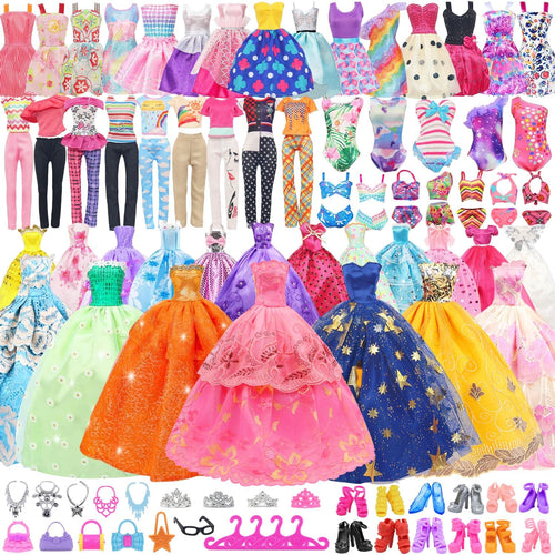 ZITA ELEMENT 101 Pcs Doll Clothes and Accessories Ramdom Style Gift Box Package, 5 Wedding Gowns 2 Fashion Dresses 2 Casual Outfit 2 Swimsuits 67 Accessories for 11.5 inch Doll Clothes for Age 3-10