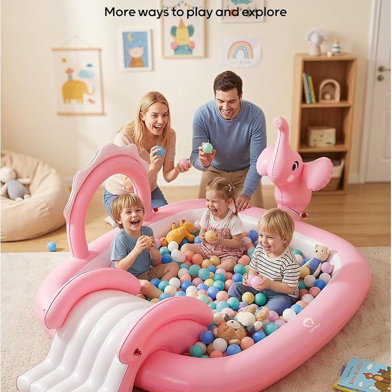 QPAU Elephant Kids Pool with Slide and Sprinkler, Inflatable Play Center with 4 Rings, 72 × 64 × 37 in, Fast Inflation Kiddie Pool for Garden & Backyard, Birthday Gift for Ages 1+ (Pink)
