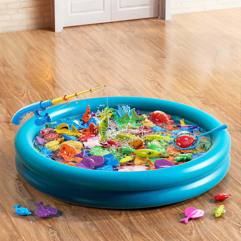 Niplooow Pool Fishing Toys Games for Kids Ages 3-8, Water Table Bathtub Toy with Inflatable Pool Pole Rod Net and Plastic Floating Fish