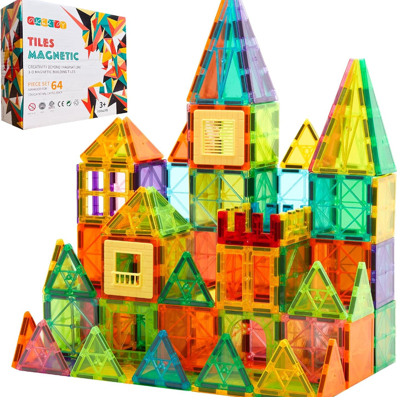 OugerToy 104PCS Magnetic Tiles STEM Building Blocks for Kids Ages 3-9, Educational Stacking Toys with Car Bases