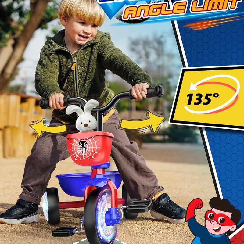Stable Spider Toddler Tricycle for 1-5 Year Olds with Colorful Lighting, Large Basket & Thickened Noiseless Wheels