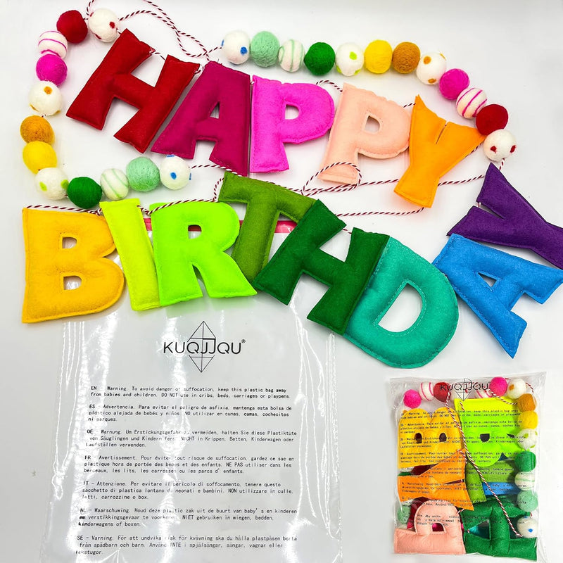Pre-Strung Happy Birthday Banner - Felt Ball Garland, Reusable Rainbow Party Decorations for Kids Room Decor