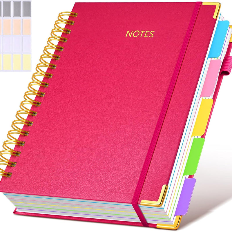 Hardcover Spiral Notebook Journal with Removable Dividers Tabs, 300 Pages Leather 5 Subject Notebook College Ruled, 8"x10" Large B5 Notebooks for Work School Note taking, Lined Journal for Women, Pink