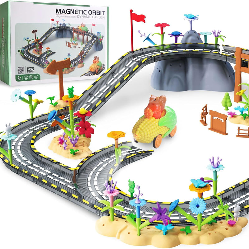 Magnetic Tiles Road Set with Pullback Car, Compatible with Major Brands, Ages 4-8, STEM Building Toy for Kids