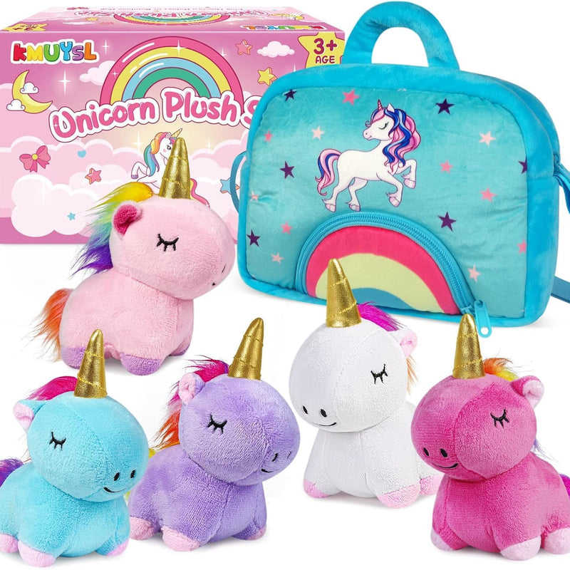 kmuysl unicorn mommy plush toys for girls ages 0-8, soft fabric, 4 baby unicorns, gift box