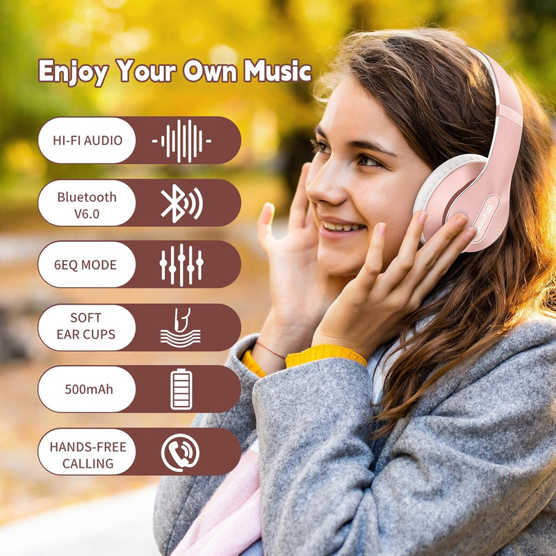 Wireless Bluetooth Headphones Over Ear 65H Playtime HiFi Stereo Headset with Microphone and 6EQ Modes Foldable Bluetooth V6.0 Headphones for Travel Smartphone Computer Laptop Rose Gold