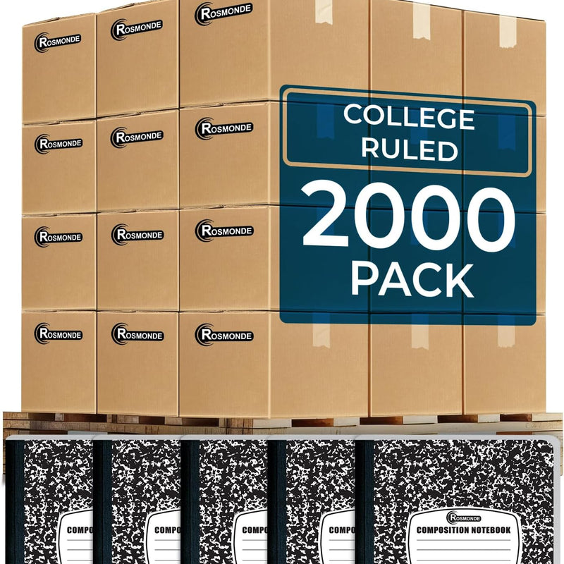 Rosmonde College Ruled Composition Notebooks 5 Pack, 200 Pages (100 Sheets), 9-3/4" x 7-1/2", White & Black Marble Composition Book, Hard Cover, Sturdy Sewn Binding, School, College & Office Supplies
