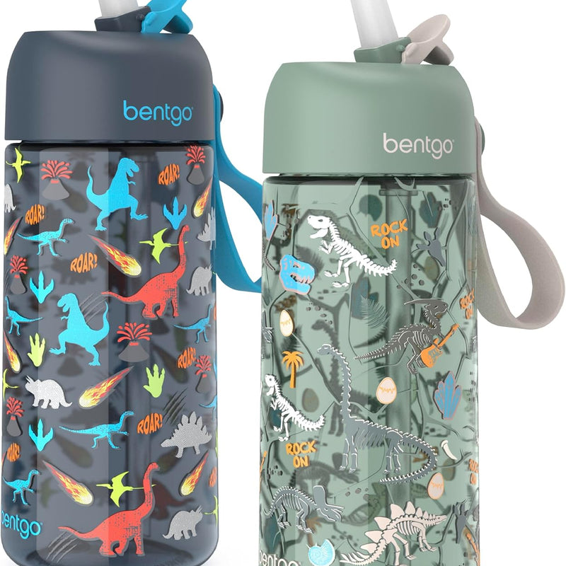 Bentgo Kids Water Bottle 2-Pack, Leak-Proof, 15 oz, Bite & Sip Spout | Durable Tritan, BPA-Free, Shatter-Resistant, Carry Handle, Top-Rack Dishwasher Safe (Dinosaur/Dino Fossils)