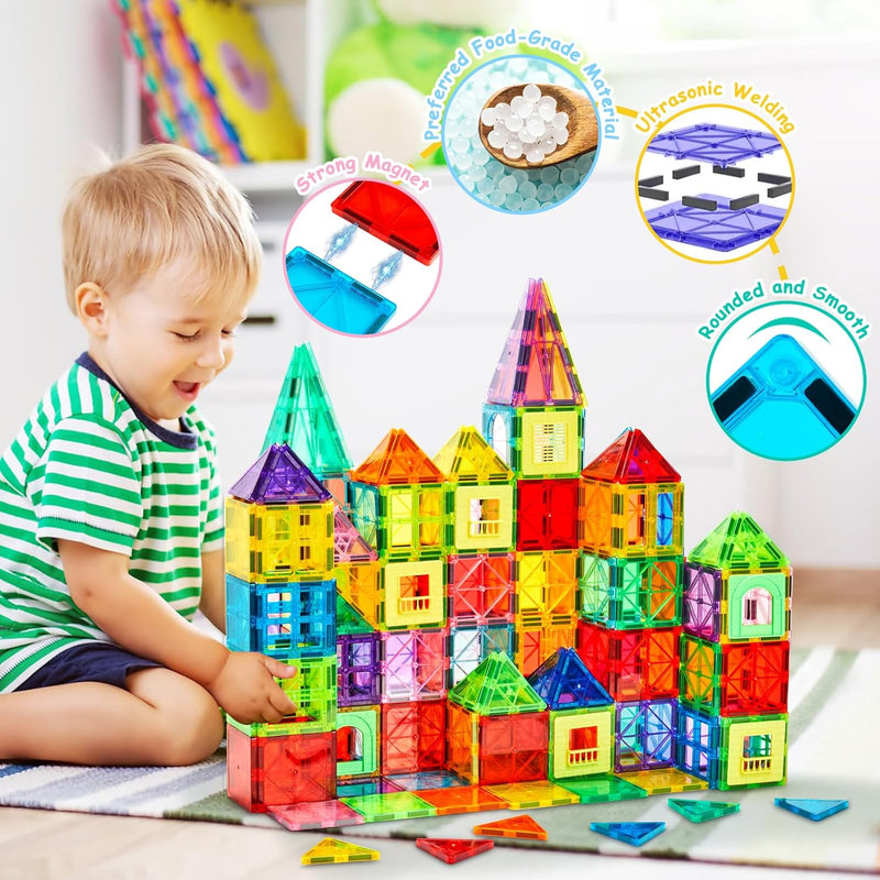 Dopyye Magnetic Building Tiles for Kids, 100 PCS Magnetic Blocks with Storage Bag, Magnet Tiles STEM Educational Stacking Toys Gift for Toddler Ages 3 4 5 6 7 8 9