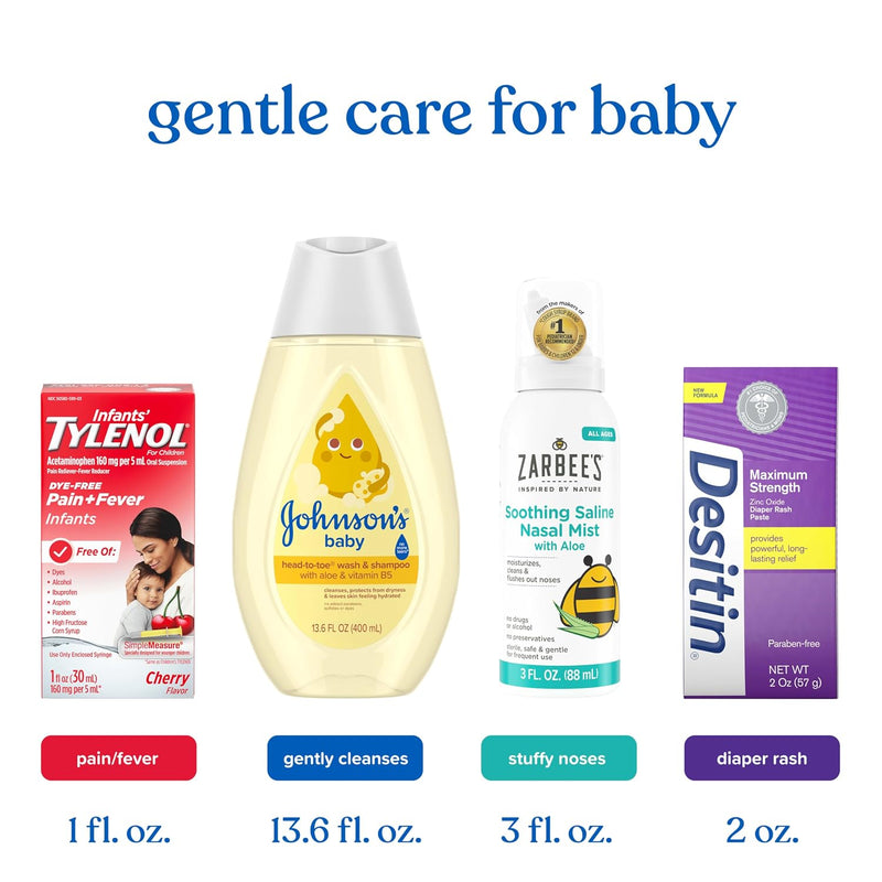 Johnson's Baby Gentle Care Kit, Baby Skin Care, 4 Items, Includes Desitin Maximum Strength Paste, Infants' Tylenol, Fever Reducer, Johnson's Baby Head-to-Toe Baby Wash, Zarbee's Soothing Saline Mist
