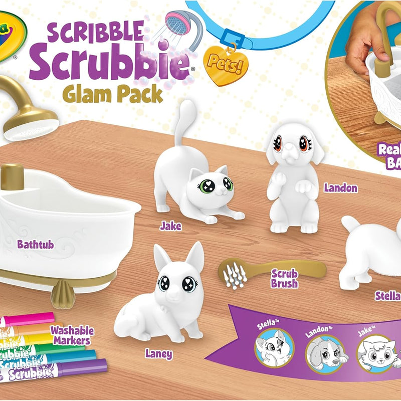 Crayola Scribble Scrubbies Glam Pack (4 Pets), Washable Pet Care Toy & Coloring Animal Craft Kit, Gift for Kids Ages 3+