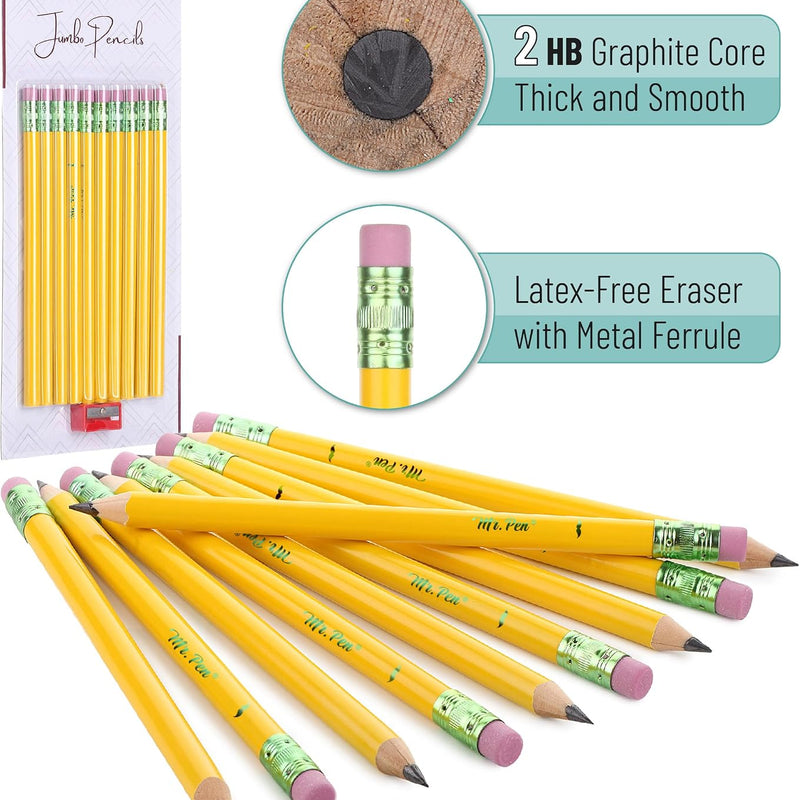 Mr. Pen- Jumbo Pencils, 10 Pack with 1 Sharpener, Yellow Barrels | Smooth Black 2 HB Graphite Cores, Large Preschool Pencils, Smooth Writing Lead for Kindergarten, Kids and School Supplies