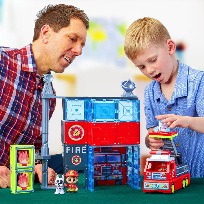 Tile Town Fire Station Magnetic Tiles Set, 66 Piece Kids Magnet Toy, Innovative Action Play Magnetic Tile Building Set Ages 3-6, Amazon Exclusive