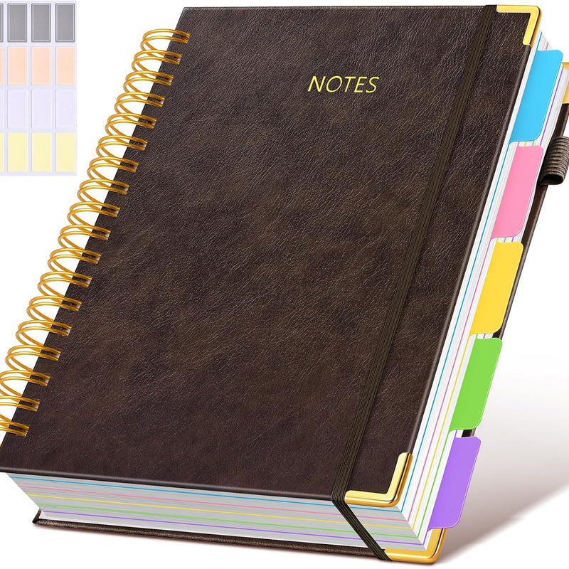 Hardcover Spiral Notebook Journal with Removable Dividers Tabs, 300 Pages Leather 5 Subject Notebook College Ruled, 8"x10" Large B5 Notebooks for Work School Note taking, Lined Journal for Women, Pink