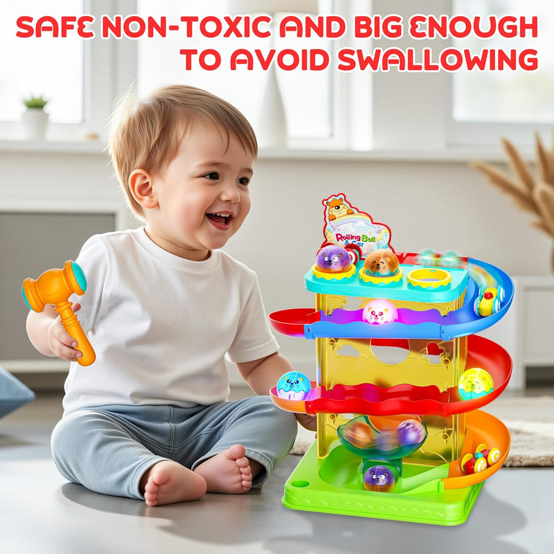 2-in-1 Rolling Ball & Car Ramp Toy for Toddlers, Interactive STEM Learning Playset with Sensor Lights