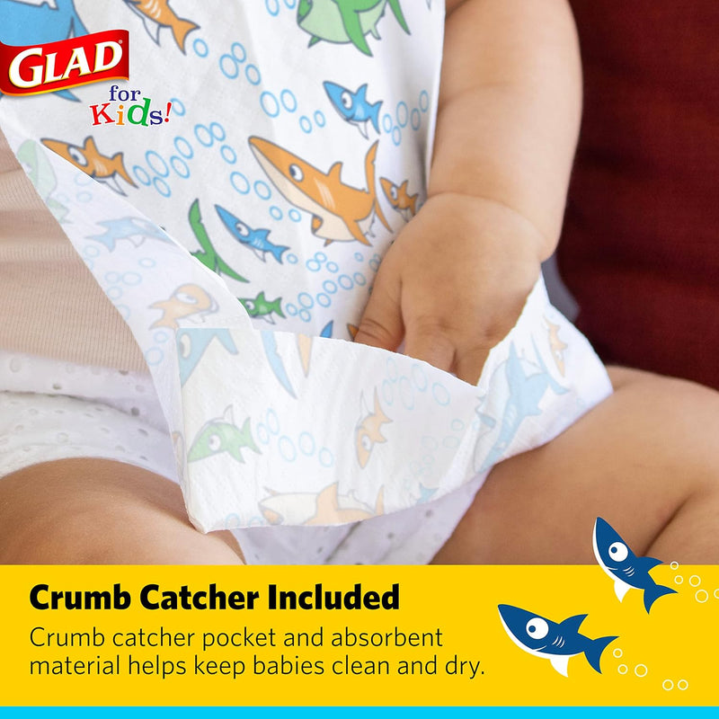 Glad for Kids Disposable Paper Bibs with Crumb Catcher, Sharks, 30 Count | Absorbent, leakproof design for mess-free feeding at meals, crafts, parties, and travel