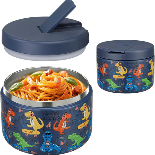 Pawtong 12oz Insulated Vacuum Food Jar with Buckle Lid Wide Mouth Soup Thermo for Hot Food Kids Leakproof Stainless Steel Lunch Container (Blue-Dinosaur)