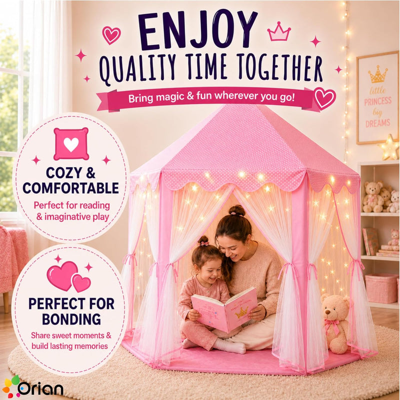 Orian Princess Tent for Kids, Toddler & Kids Pink Play Tent Indoor & Outdoor Princess Castle Fort for Girls and Toddlers Ages 2-7, 55”x53”, LED Star Lights, Children’s Toys and Gifts for Girls