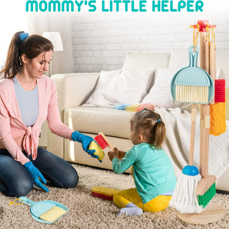 Kids Cleaning Set, 8 Pcs Wooden Housekeeping Play Set Includes Broom Mop Duster Dustpan Brushes Rag and Organizing Stand, Cleaning Toys Gift for Toddlers Girls Boys Age 3-6, Solid Beech Wood