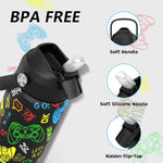 Boys Game Water Bottle for School，Kids 18 oz Insulated Stainless Steel Cup with Straw, Double-Wall Vacuum Leakproof