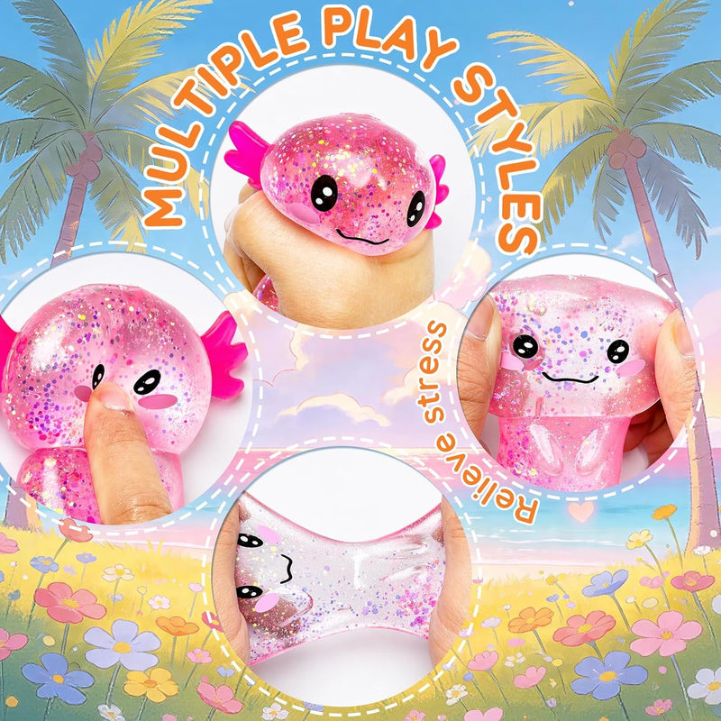 Axolotl Squishy Glitter Stress Relief Toy, Stretchy Axolotls Stress Ball, Relief Squishy Toys, Fidget Toys for Kids Youth Adult, Salamander Gift for Party Birthday Christmas (Pink)