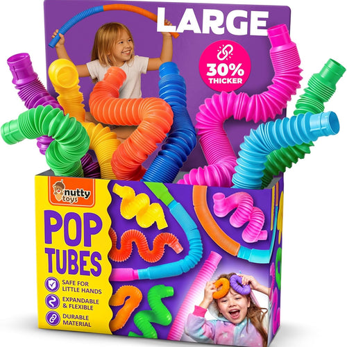 Nutty Toys Pop Tubes - Large 4-Pack Sensory Toys - Creative STEM Learning for Kids & Toddlers - Connect & Pop! Top ADHD Autism Fidget 2026, Best Boy & Girl Christmas Stocking Stuffers Gifts Idea