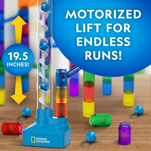 National Geographic 150-piece marble maze kit with motorized spiral lift, 30 marbles, and storage bag for kids physics toys