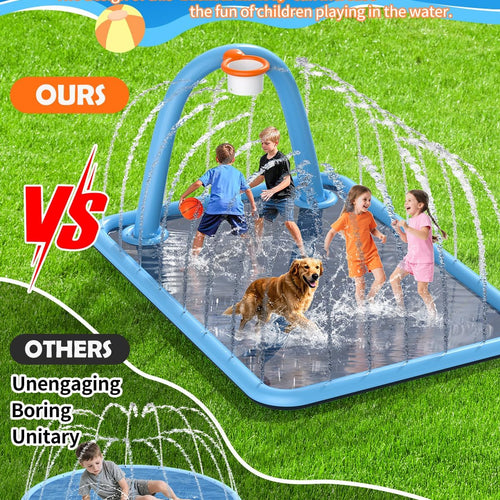Splash Pad for Kids & Dogs, Large Sprinkler Pad Water Toys with Basketball Hoop, Thickened Non-Slip Splash Mat, Foldable Play Pool & Outdoor Summer Toys Ages 4-12 (102" Splash Pad)